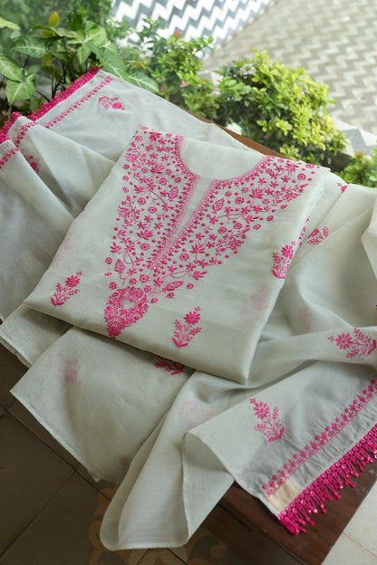 Light Mint & Pink Kota Chikankari Unstitched Fabric