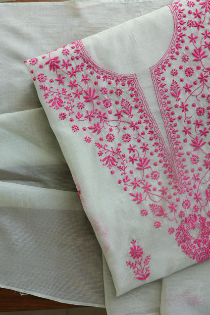Light Mint & Pink Kota Chikankari Unstitched Fabric