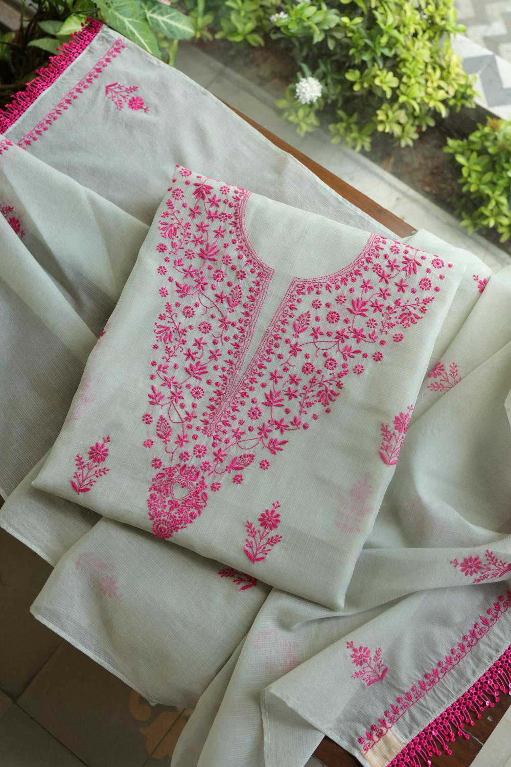 Light Mint & Pink Kota Chikankari Unstitched Fabric