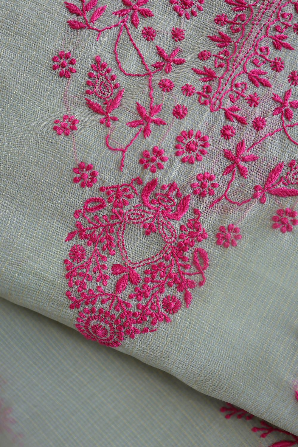 Light Mint & Pink Kota Chikankari Unstitched Fabric