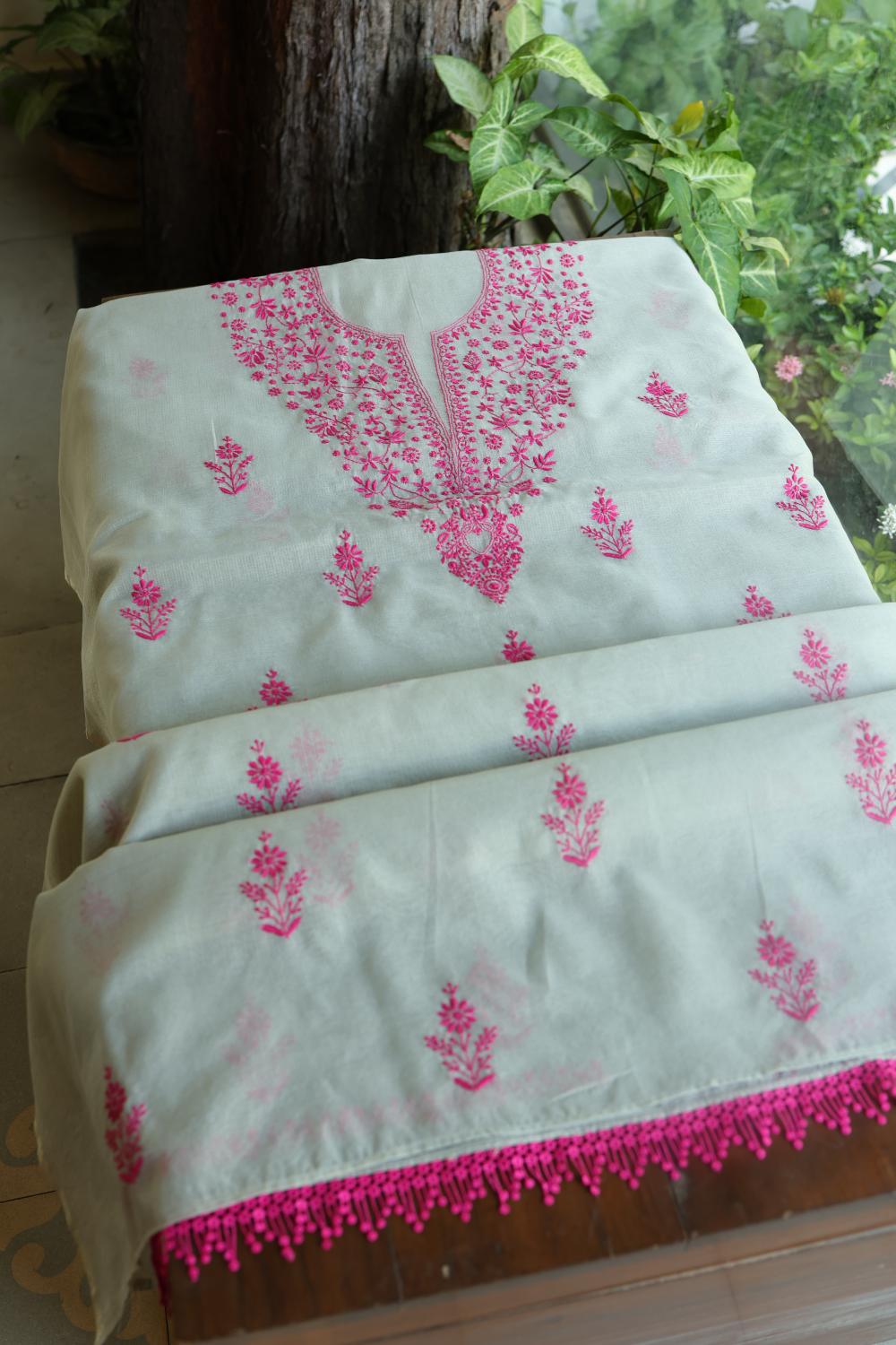 Light Mint & Pink Kota Chikankari Unstitched Fabric