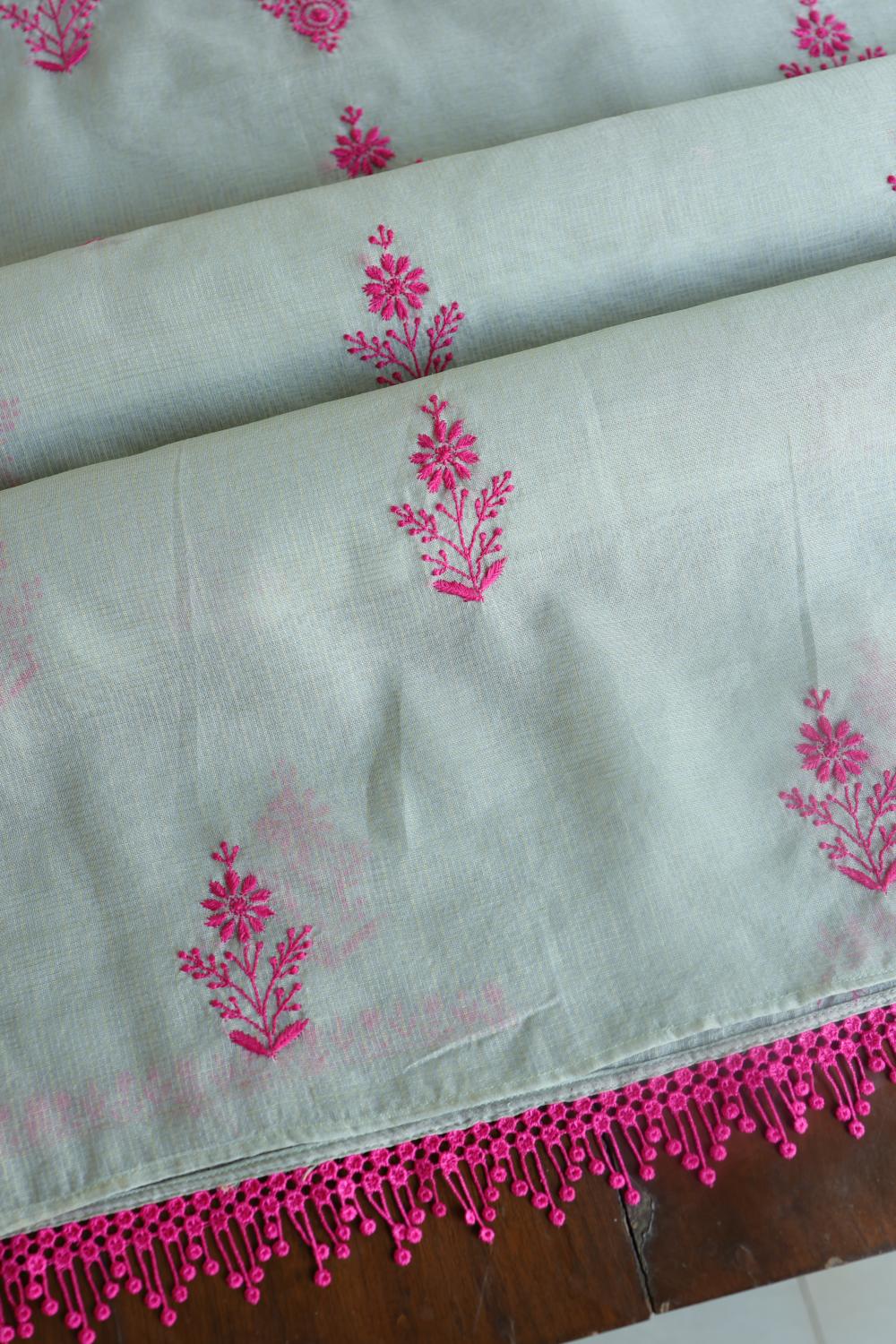 Light Mint & Pink Kota Chikankari Unstitched Fabric