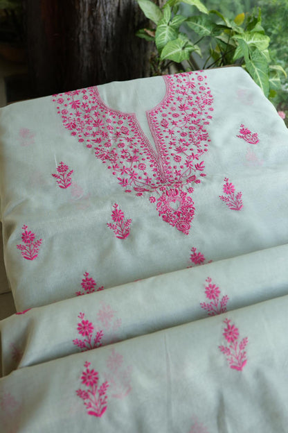 Light Mint & Pink Kota Chikankari Unstitched Fabric