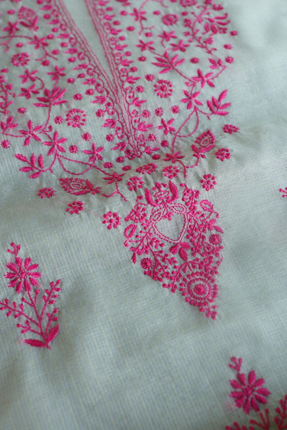 Light Mint & Pink Kota Chikankari Unstitched Fabric