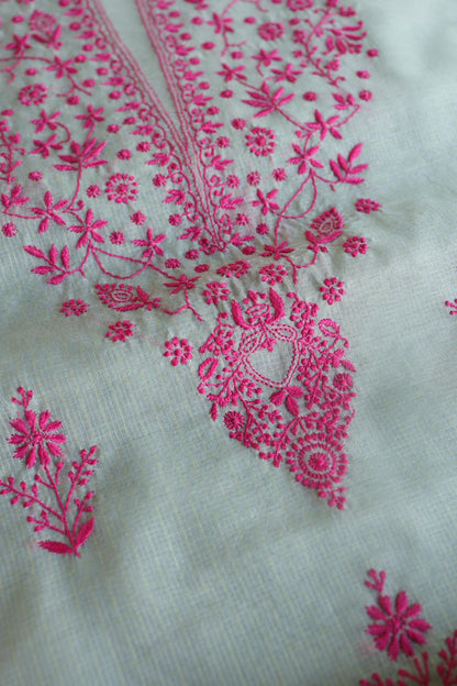 Light Mint & Pink Kota Chikankari Unstitched Fabric