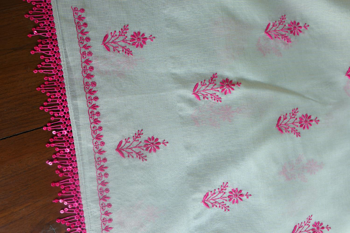 Light Mint & Pink Kota Chikankari Unstitched Fabric