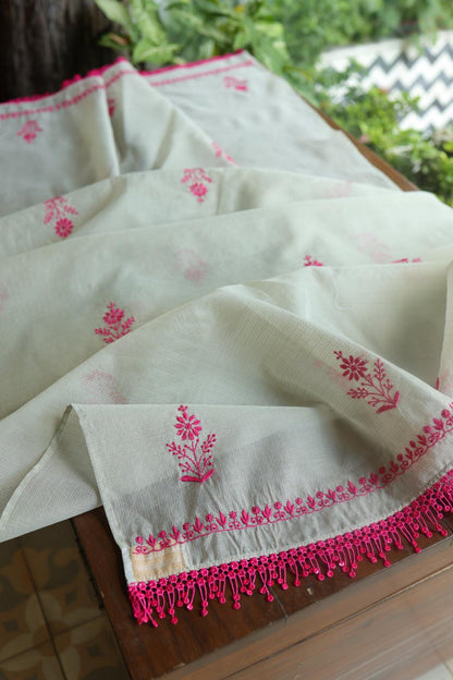 Light Mint & Pink Kota Chikankari Unstitched Fabric