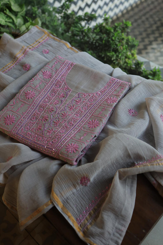 Grey & Pink Shade Mal Chanderi Silk Chikankari Unstitched Fabric