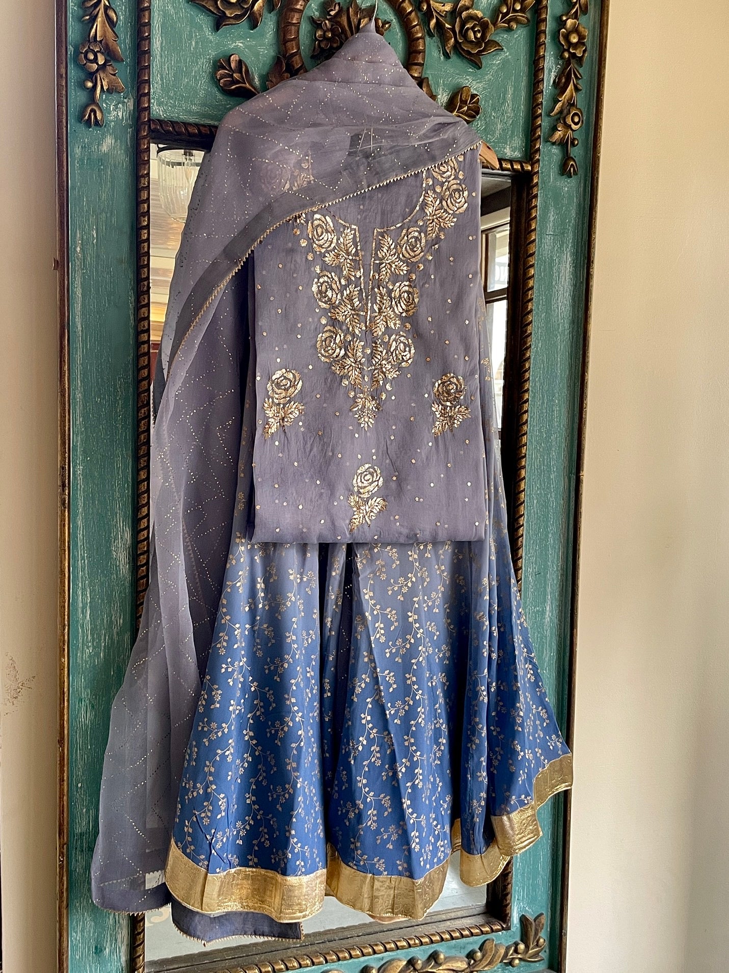 Grey & Powder Blue Ombre Foil Print Organza Chikankari Ready to Wear Sharara Set