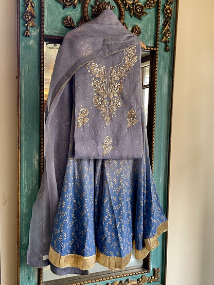 Grey & Powder Blue Ombre Foil Print Organza Chikankari Ready to Wear Sharara Set