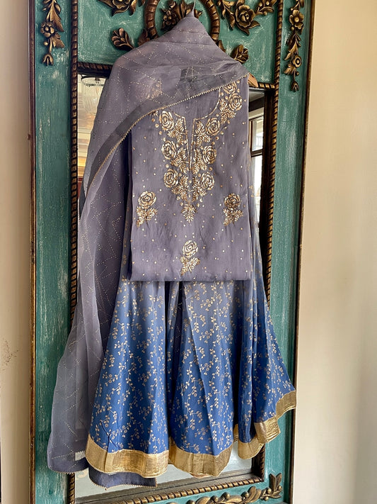 Grey & Powder Blue Ombre Foil Print Organza Chikankari Ready to Wear Sharara Set