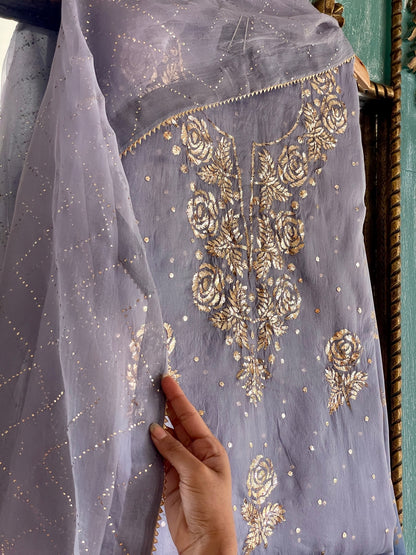 Grey & Powder Blue Ombre Foil Print Organza Chikankari Ready to Wear Sharara Set