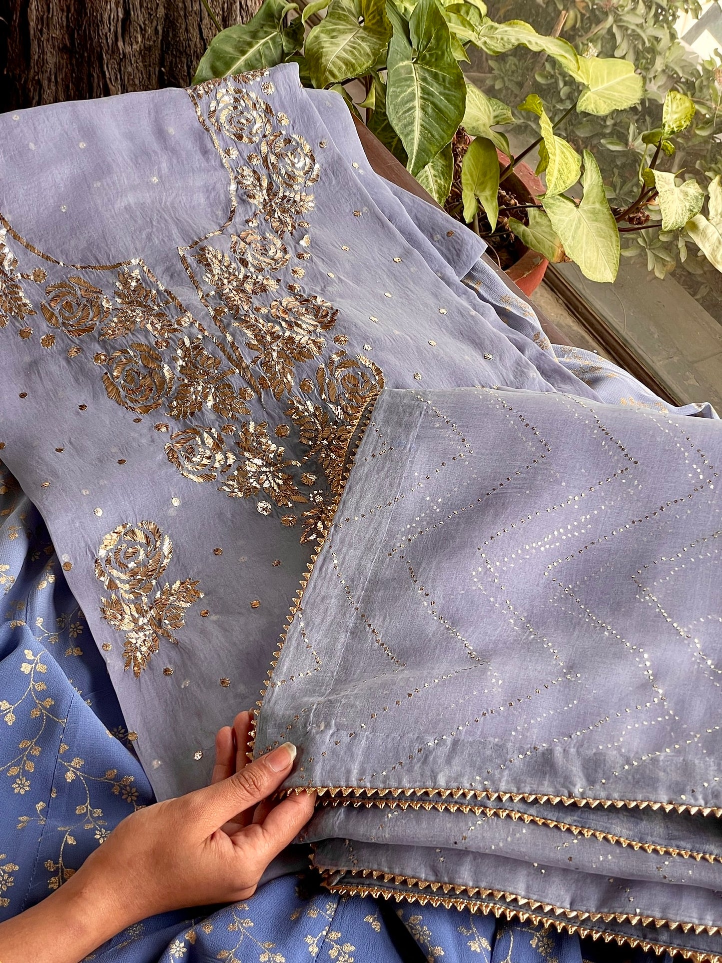 Grey & Powder Blue Ombre Foil Print Organza Chikankari Ready to Wear Sharara Set