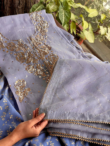 Grey & Powder Blue Ombre Foil Print Organza Chikankari Ready to Wear Sharara Set