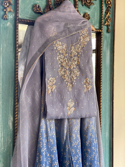 Grey & Powder Blue Ombre Foil Print Organza Chikankari Ready to Wear Sharara Set