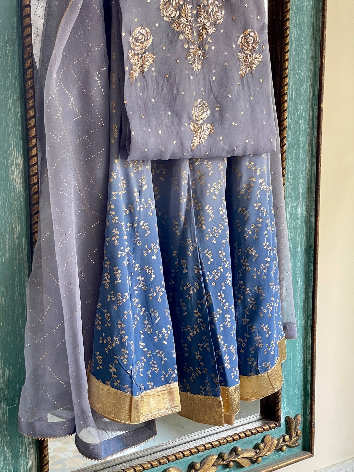 Grey & Powder Blue Ombre Foil Print Organza Chikankari Ready to Wear Sharara Set