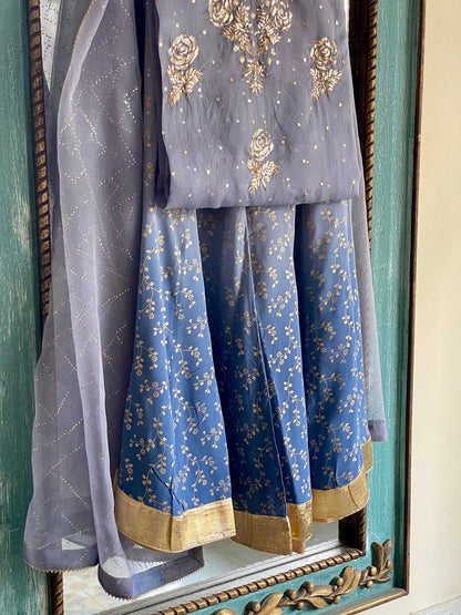 Grey & Powder Blue Ombre Foil Print Organza Chikankari Ready to Wear Sharara Set