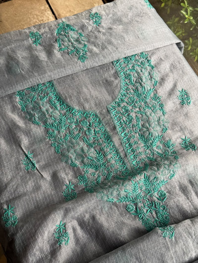 Grey & Teal Shade Kota Chikankari Unstitched Suit Fabric