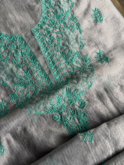 Grey & Teal Shade Kota Chikankari Unstitched Suit Fabric