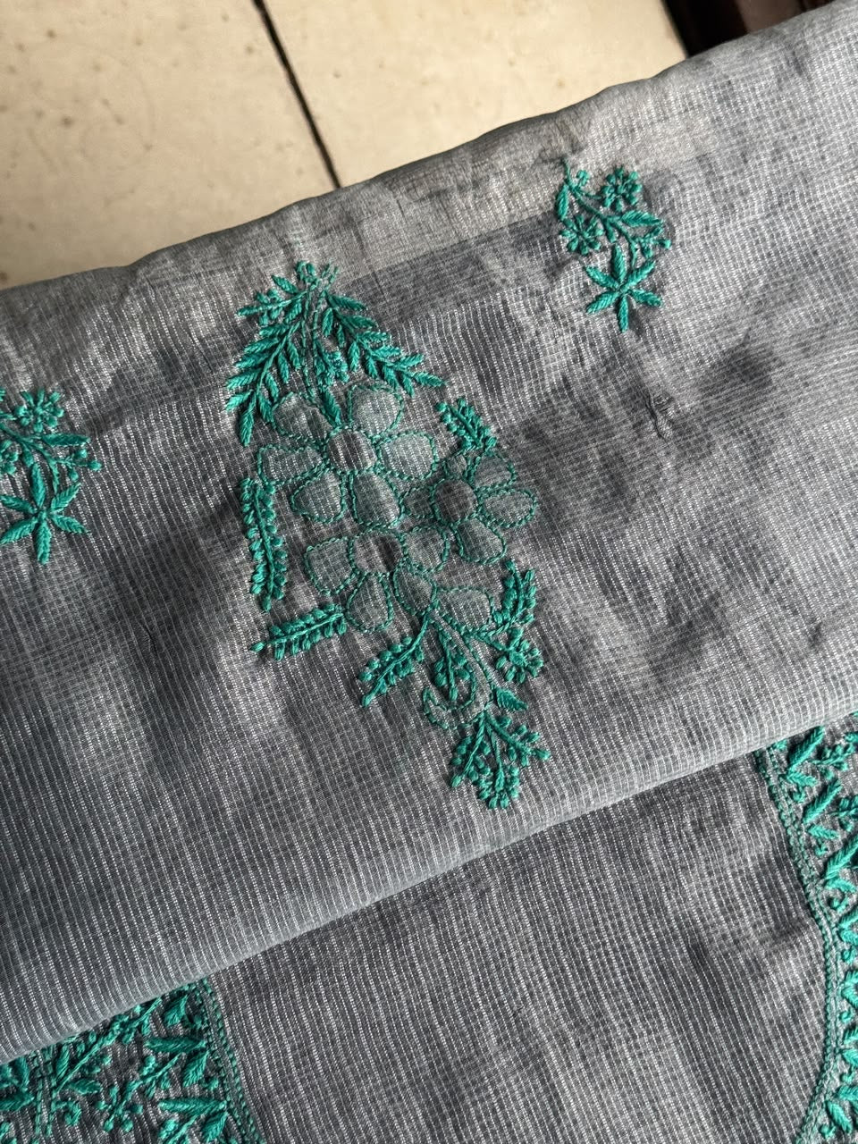 Grey & Teal Shade Kota Chikankari Unstitched Suit Fabric