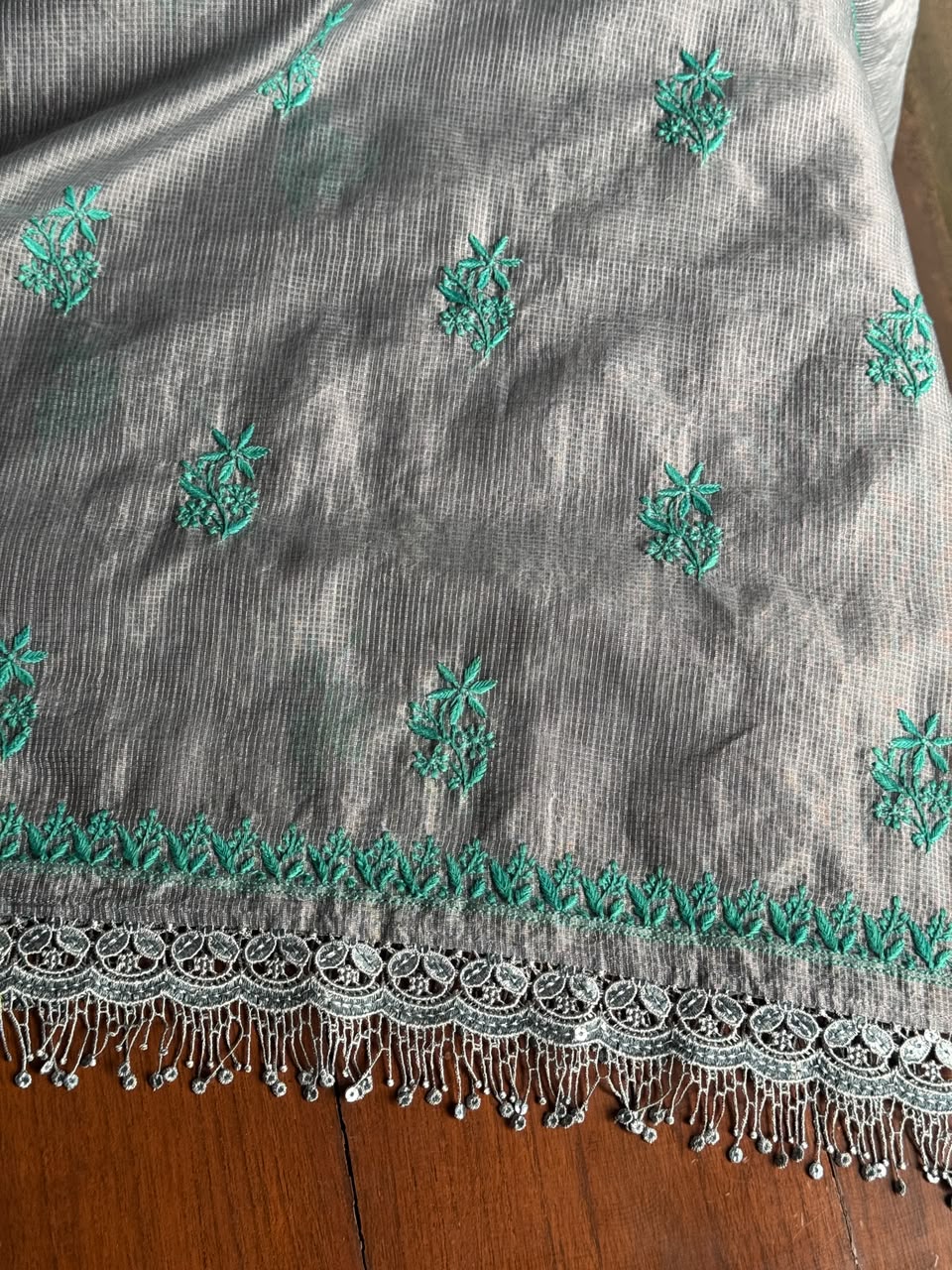 Grey & Teal Shade Kota Chikankari Unstitched Suit Fabric