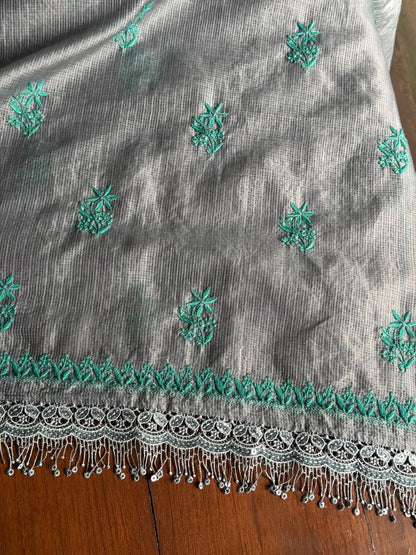 Grey & Teal Shade Kota Chikankari Unstitched Suit Fabric
