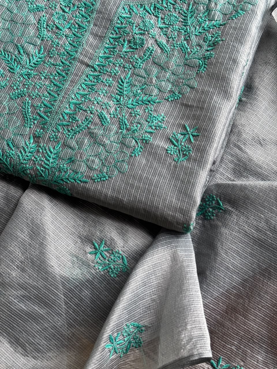 Grey & Teal Shade Kota Chikankari Unstitched Suit Fabric