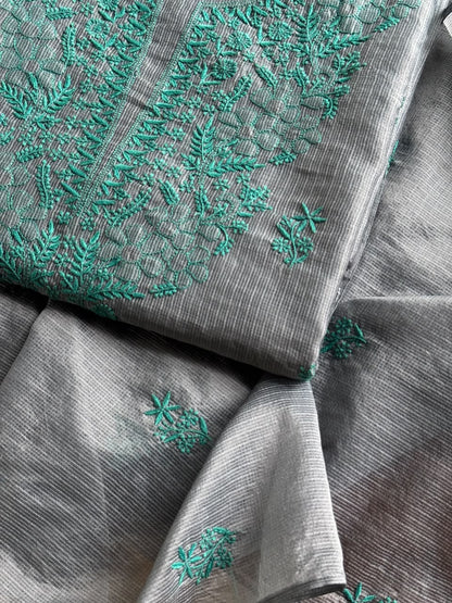 Grey & Teal Shade Kota Chikankari Unstitched Suit Fabric