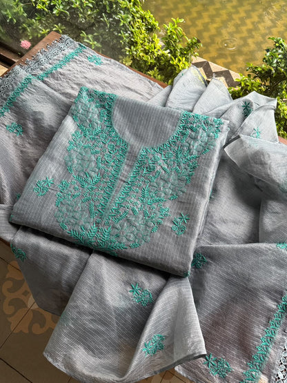 Grey & Teal Shade Kota Chikankari Unstitched Suit Fabric