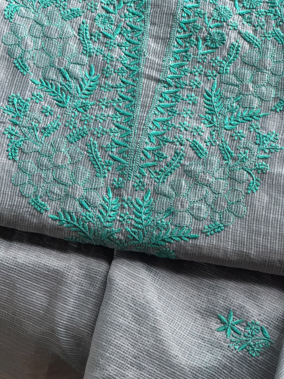 Grey & Teal Shade Kota Chikankari Unstitched Suit Fabric
