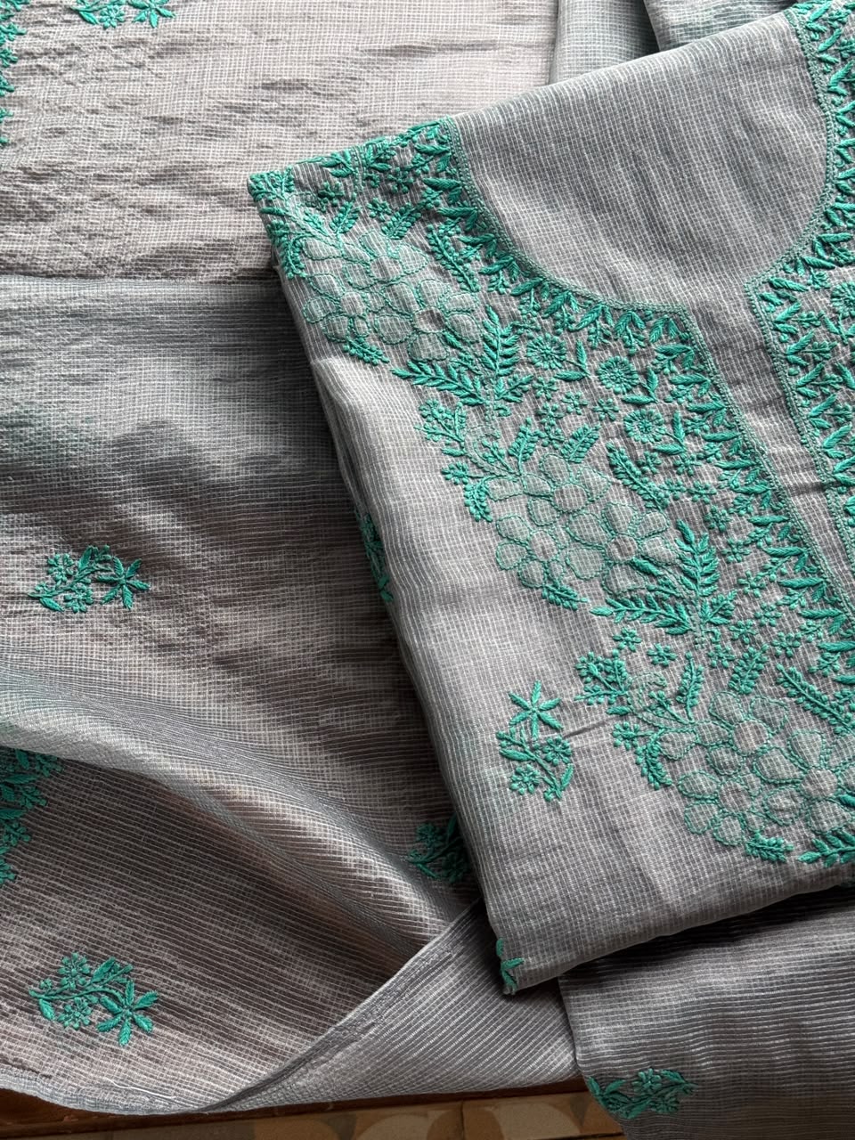 Grey & Teal Shade Kota Chikankari Unstitched Suit Fabric