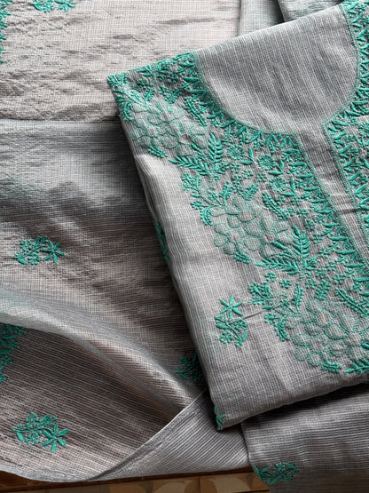 Grey & Teal Shade Kota Chikankari Unstitched Suit Fabric