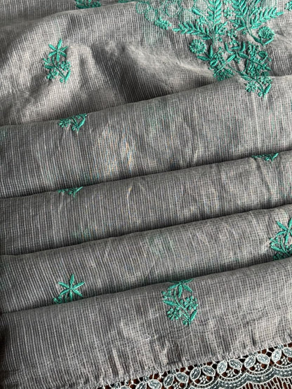 Grey & Teal Shade Kota Chikankari Unstitched Suit Fabric