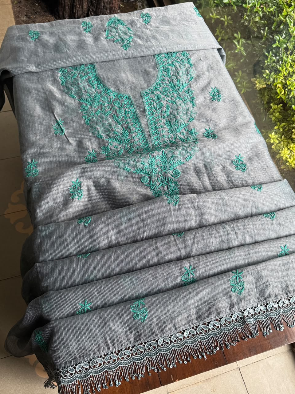 Grey & Teal Shade Kota Chikankari Unstitched Suit Fabric