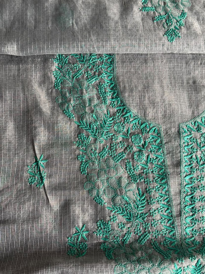 Grey & Teal Shade Kota Chikankari Unstitched Suit Fabric