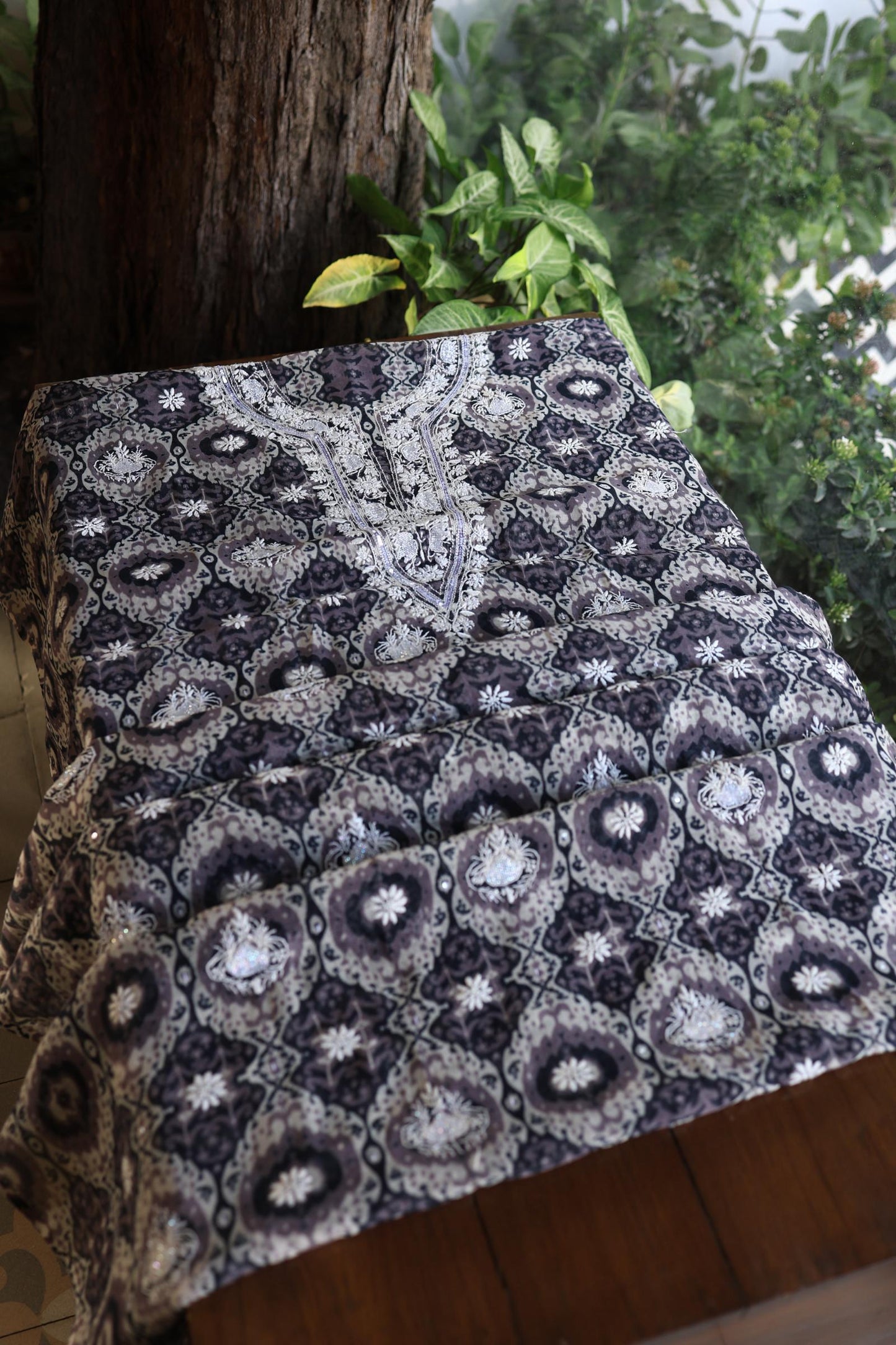 Grey & White Soft Cotton Printed Unstitched Kurta Dupatta Set with Chikankari & Sequin Work