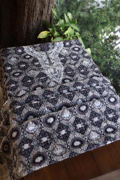Grey & White Soft Cotton Printed Unstitched Kurta Dupatta Set with Chikankari & Sequin Work