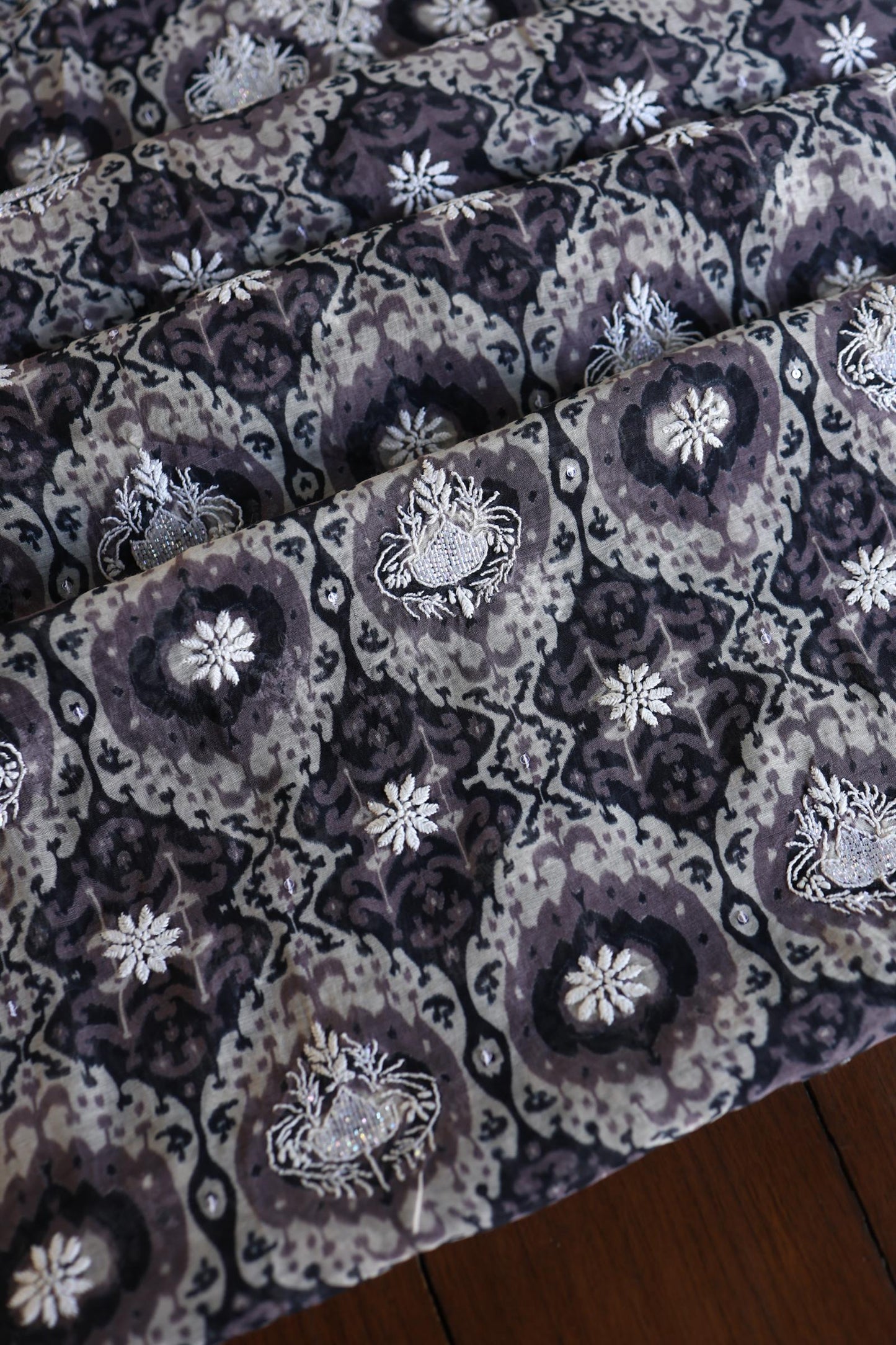Grey & White Soft Cotton Printed Unstitched Kurta Dupatta Set with Chikankari & Sequin Work