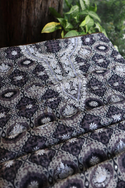 Grey & White Soft Cotton Printed Unstitched Kurta Dupatta Set with Chikankari & Sequin Work
