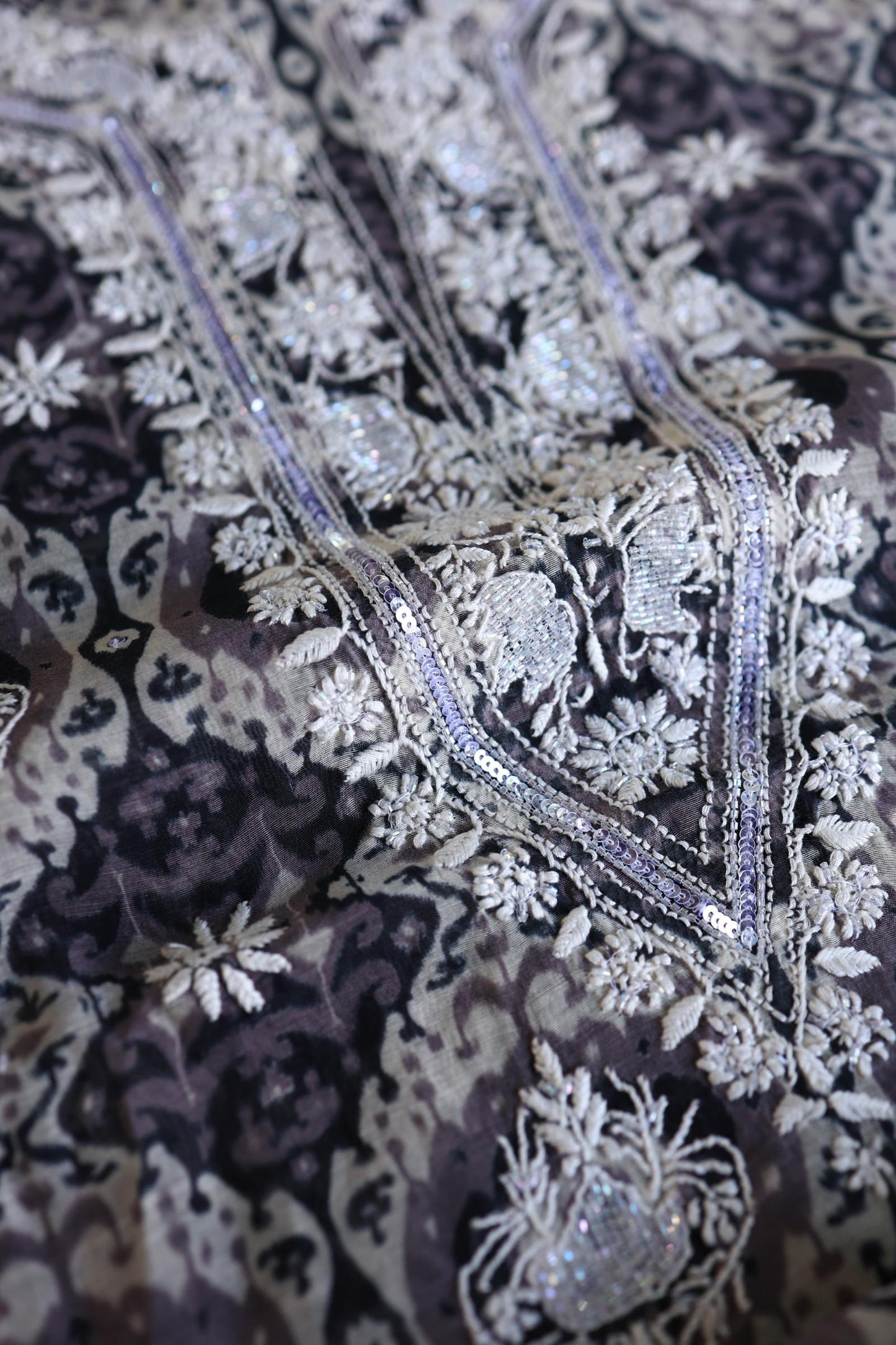 Grey & White Soft Cotton Printed Unstitched Kurta Dupatta Set with Chikankari & Sequin Work