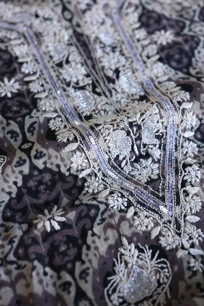 Grey & White Soft Cotton Printed Unstitched Kurta Dupatta Set with Chikankari & Sequin Work
