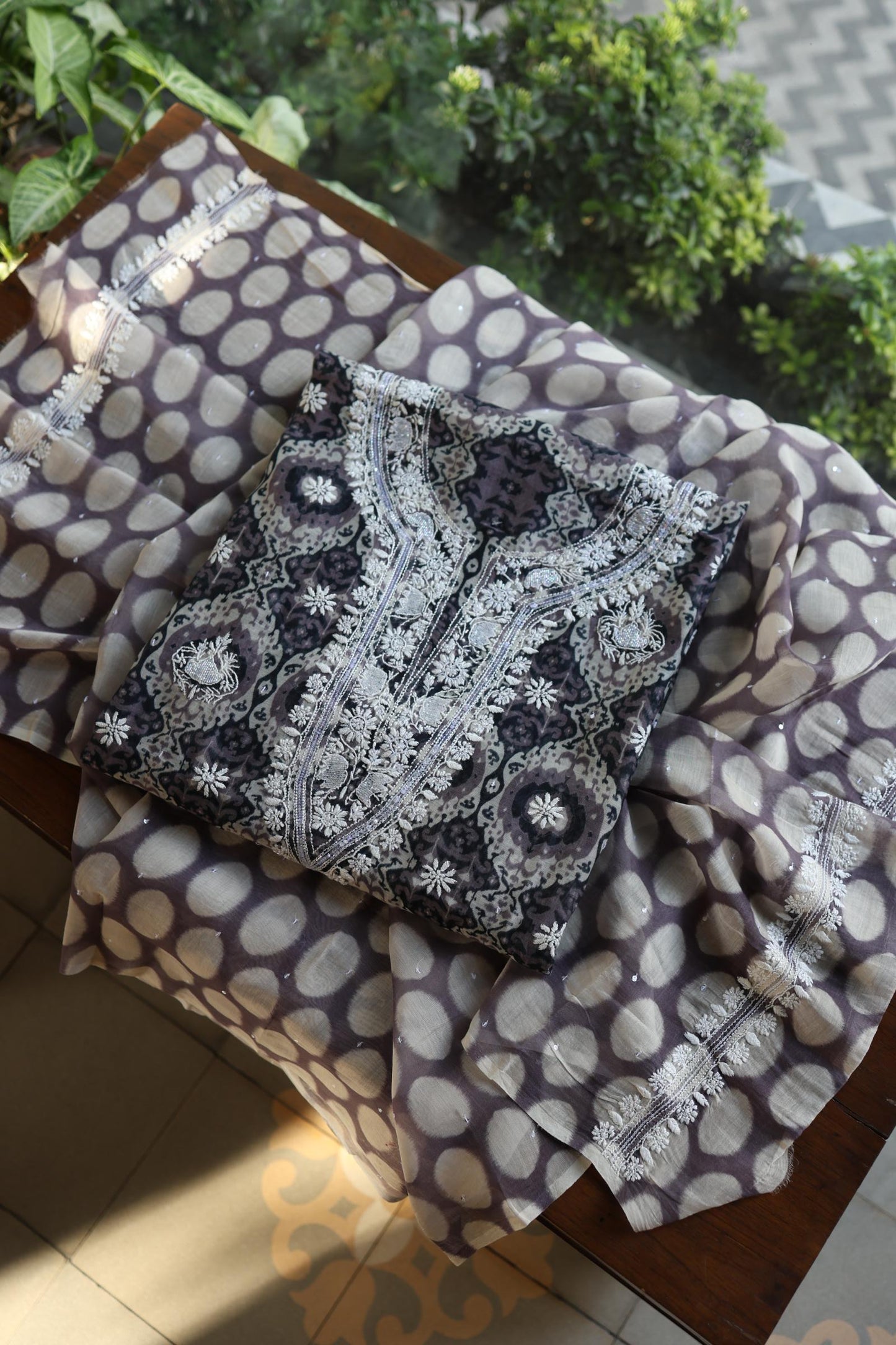 Grey & White Soft Cotton Printed Unstitched Kurta Dupatta Set with Chikankari & Sequin Work