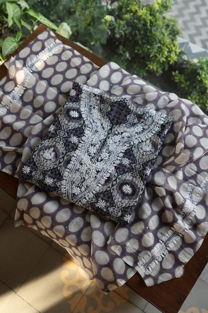 Grey & White Soft Cotton Printed Unstitched Kurta Dupatta Set with Chikankari & Sequin Work