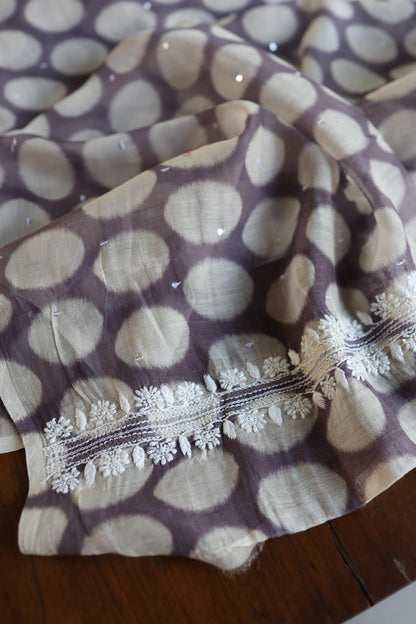 Grey & White Soft Cotton Printed Unstitched Kurta Dupatta Set with Chikankari & Sequin Work