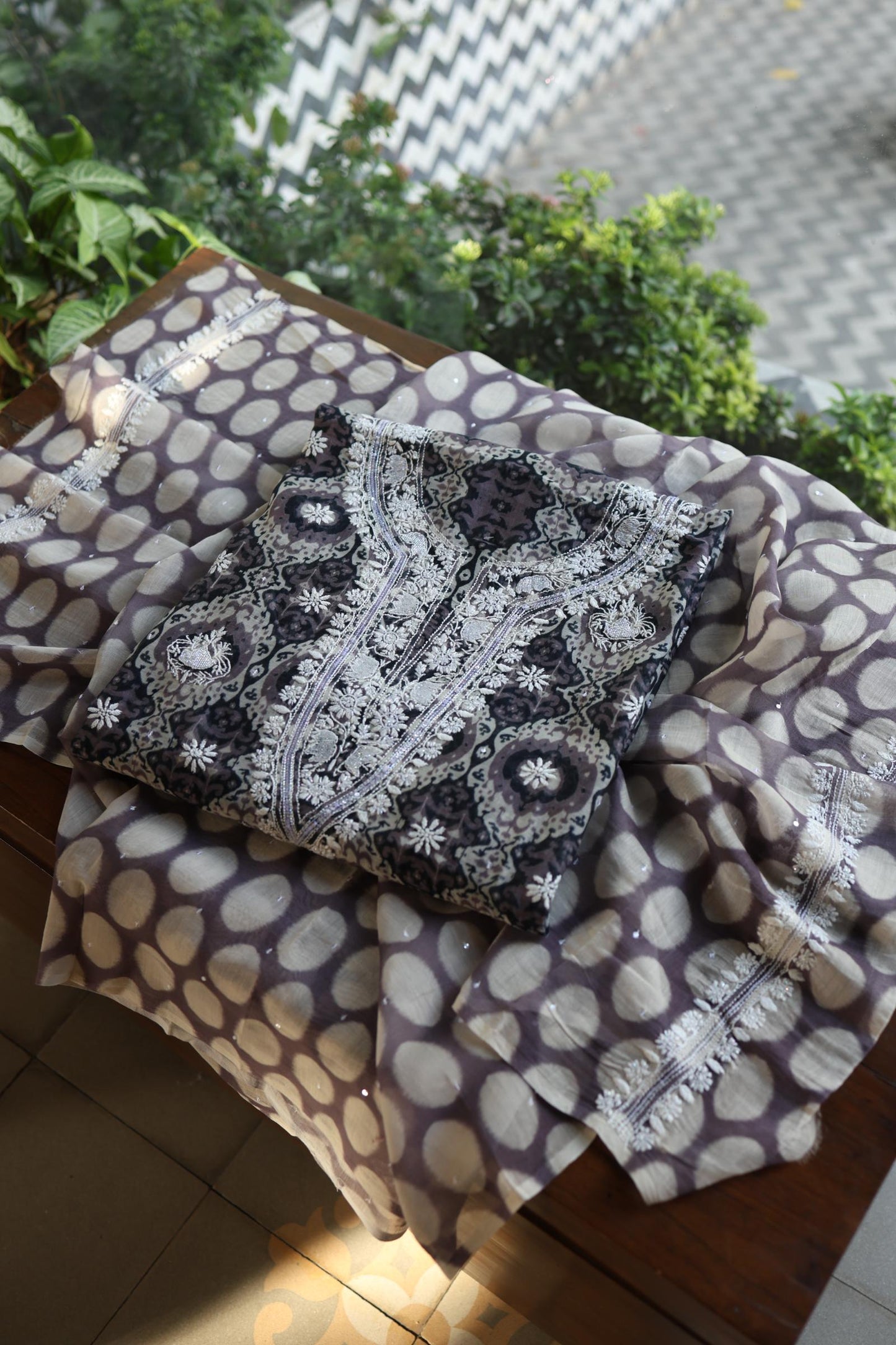 Grey & White Soft Cotton Printed Unstitched Kurta Dupatta Set with Chikankari & Sequin Work