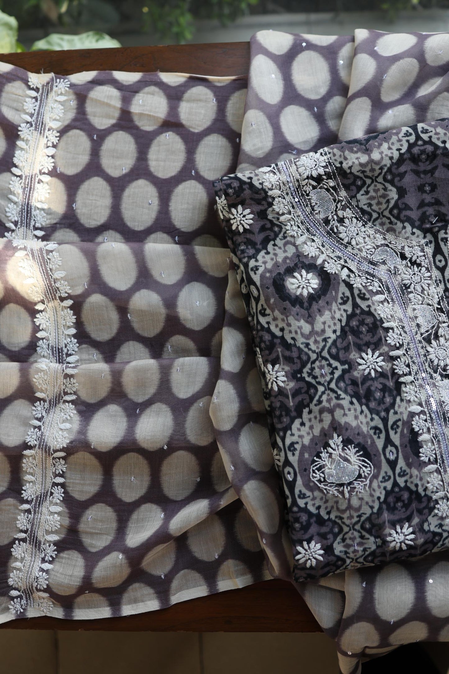 Grey & White Soft Cotton Printed Unstitched Kurta Dupatta Set with Chikankari & Sequin Work