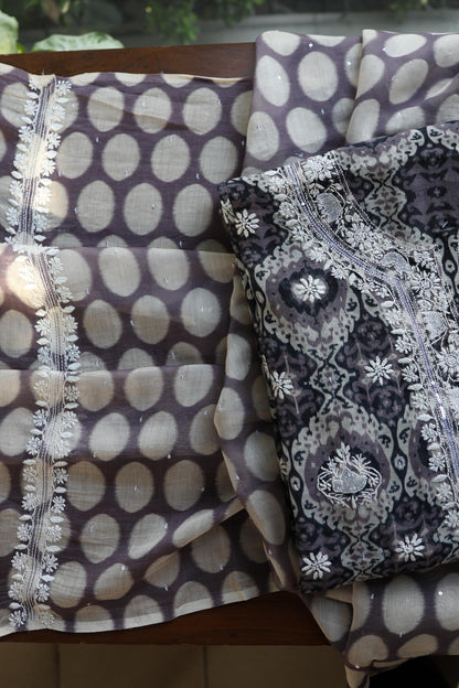 Grey & White Soft Cotton Printed Unstitched Kurta Dupatta Set with Chikankari & Sequin Work
