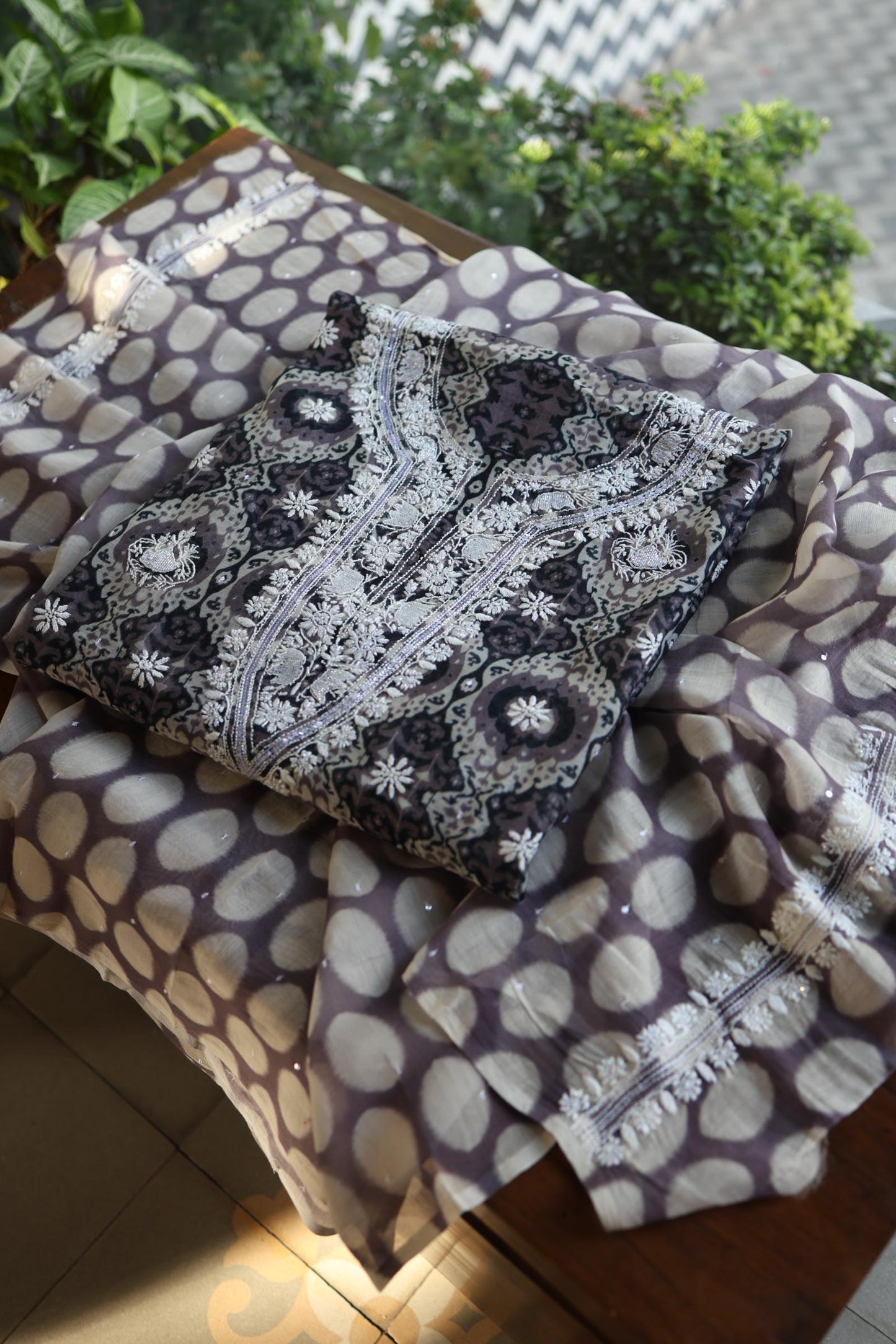 Grey & White Soft Cotton Printed Unstitched Kurta Dupatta Set with Chikankari & Sequin Work