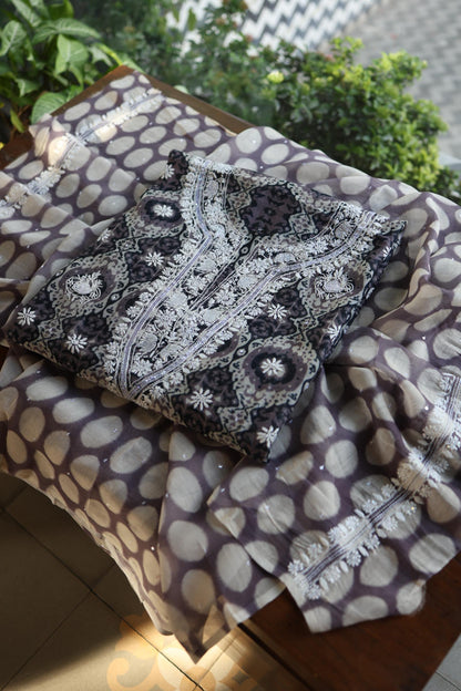 Grey & White Soft Cotton Printed Unstitched Kurta Dupatta Set with Chikankari & Sequin Work