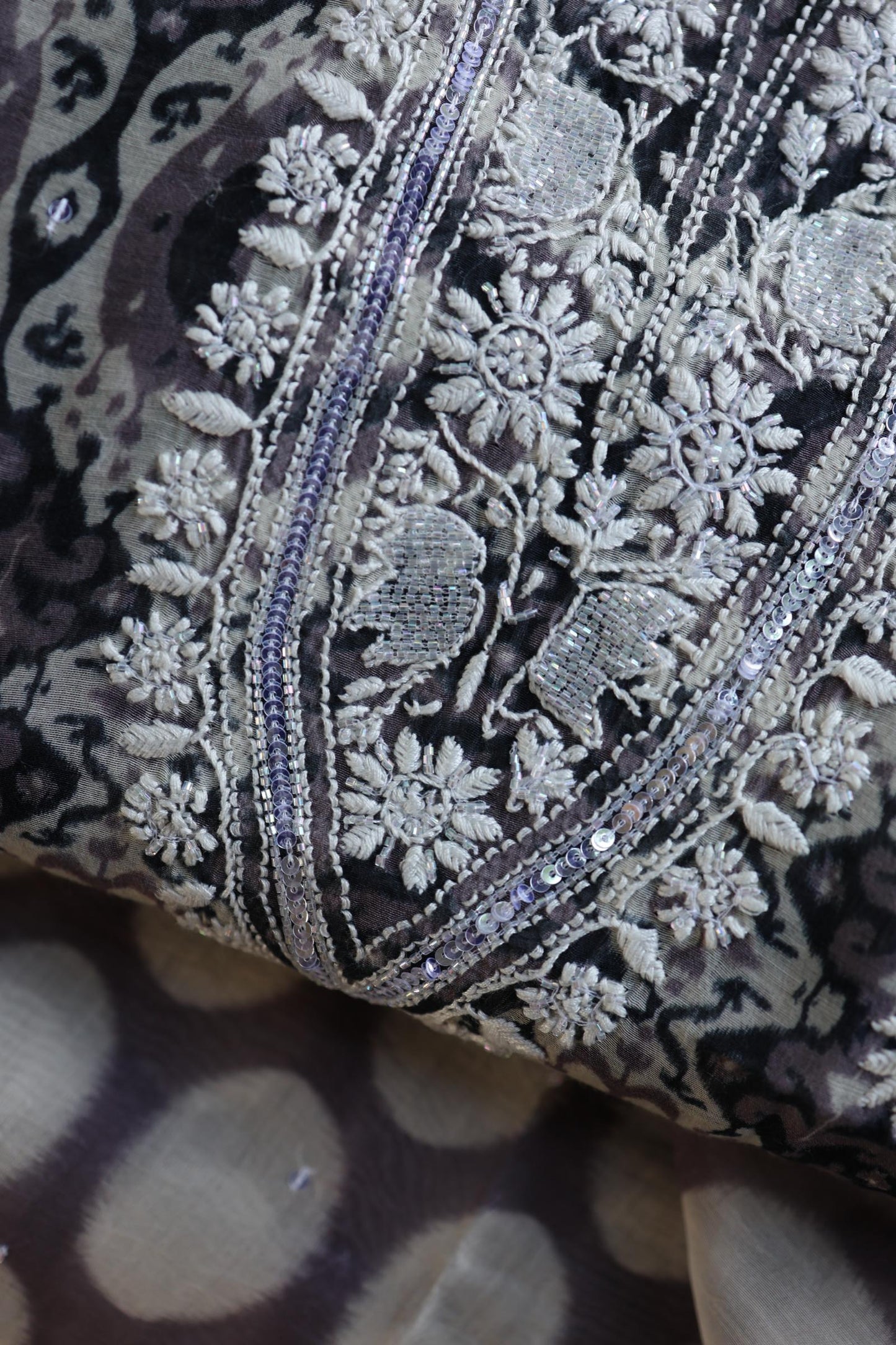 Grey & White Soft Cotton Printed Unstitched Kurta Dupatta Set with Chikankari & Sequin Work